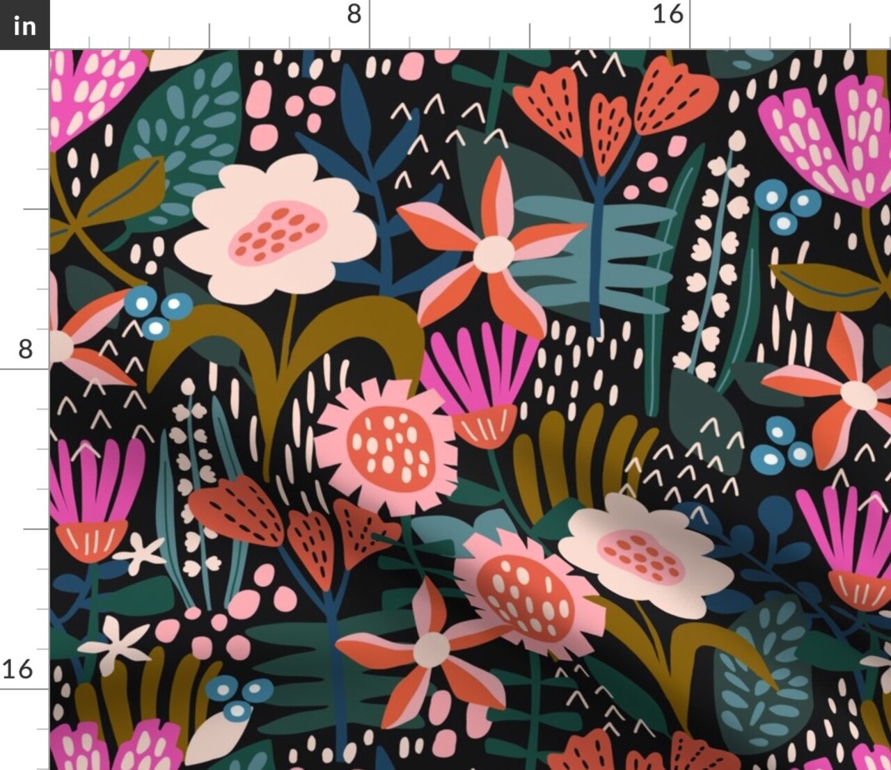 Whimsical Floral Modern Botanical Fairy Garden Flowers Maximalist Pink Blue Dots Contemporary Custom Printed Fabric by Spoonflower Various Fabrics by the Yard or Fat Quarter